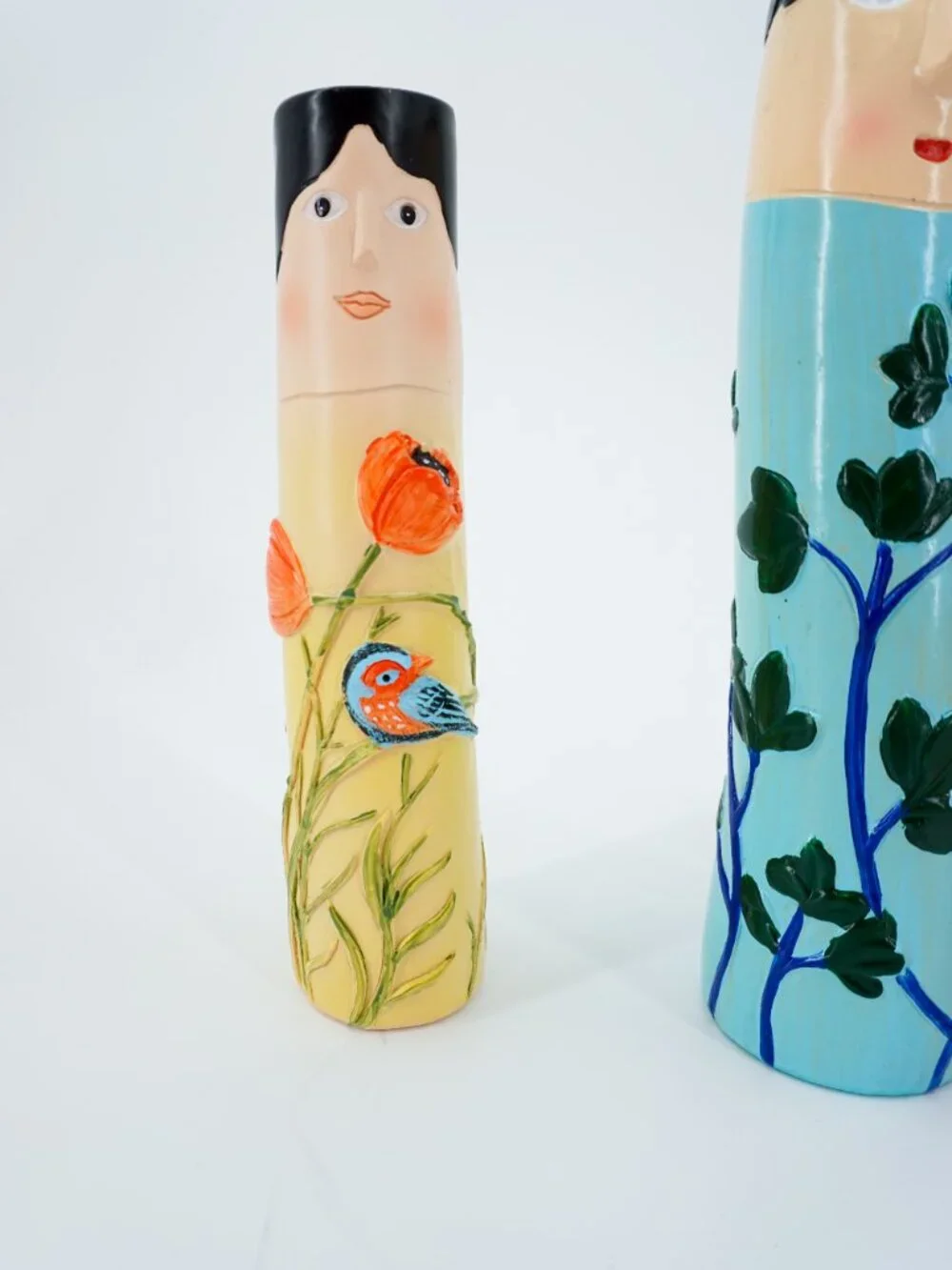Set of 3 Hand Painted Ceramic Face Cylinder Vases, Women Floral Bird Decor